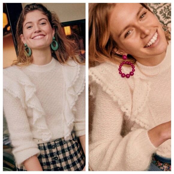 Sezane Sweaters - SEZANE Elsa Ecru Ivory Ruffle Knit Crew Neck Long Sleeve Sweater Jumper Small